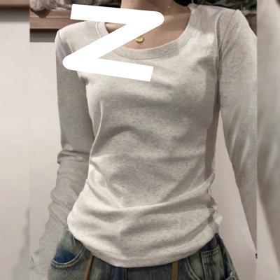 Front Shoulder Long-sleeved T-shirt Women's Spring and Autumn New Inner Bottoming Shirt Slim and Thin Solid Color White Short Top