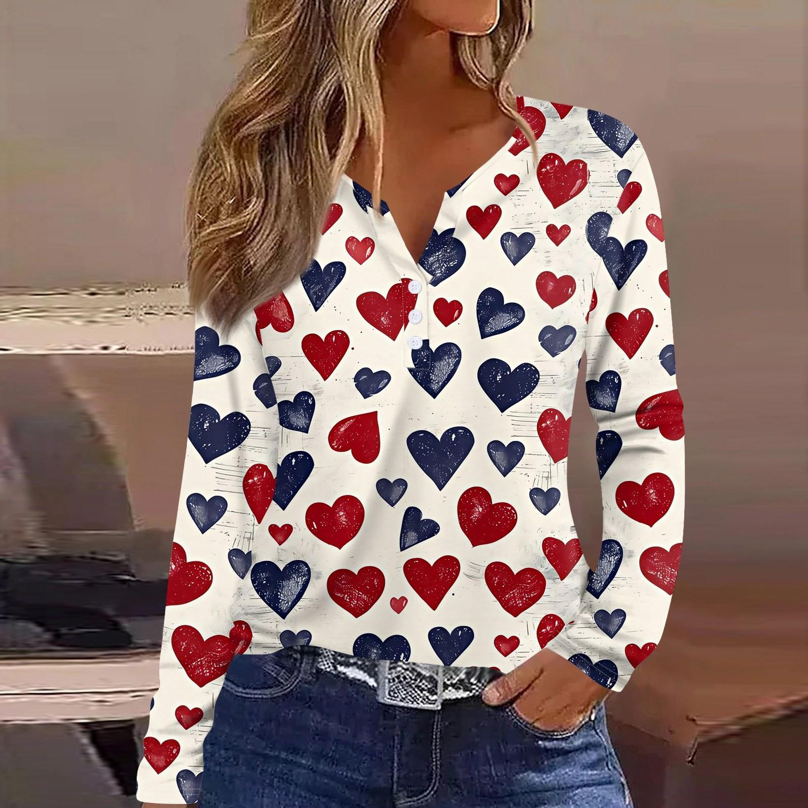 

Женская футболка с принтом ко Дню святого Валентина, туника с длинным рукавом и пуговицами, повседневная мода на выходные, базовый топ с V-образным вырезом S