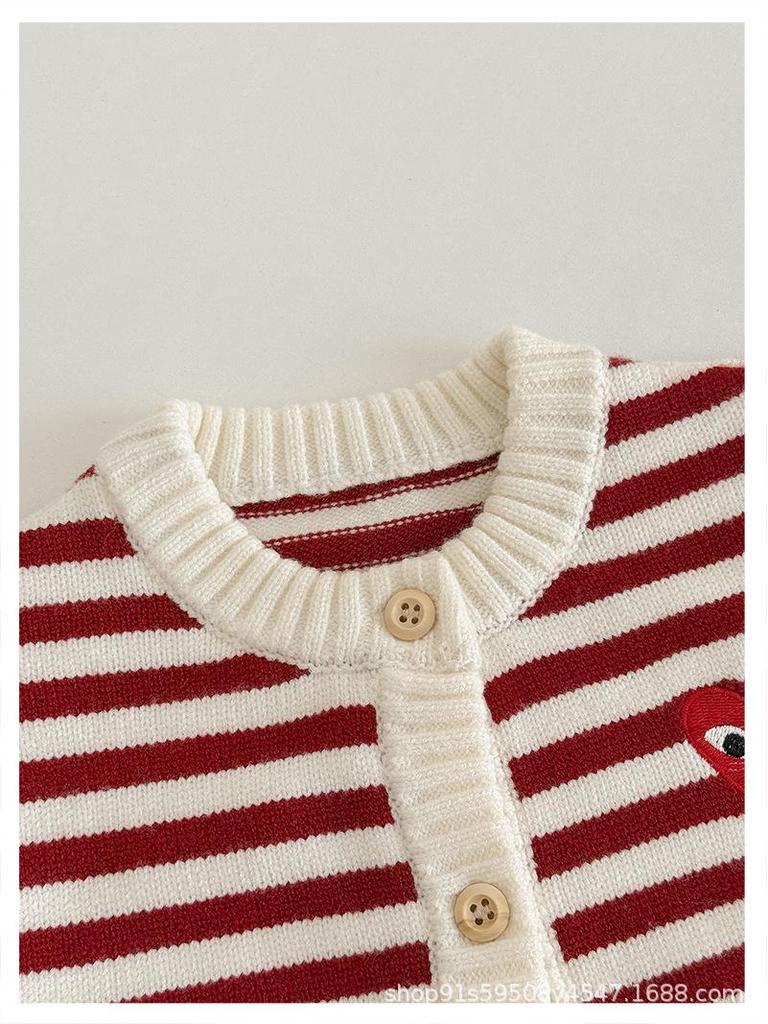 Korean Heart Stripe Family Sweater Set - Baby Romper & Knit Cardigan for Autumn/Winter