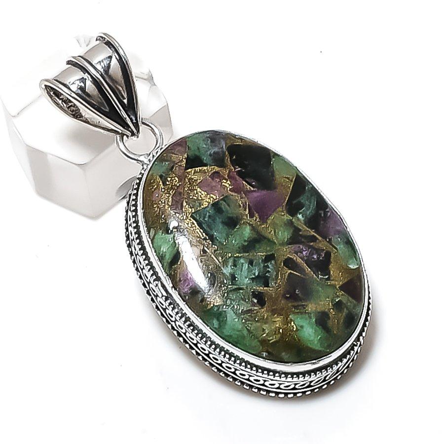 Copper Ruby Zosite Gemstone Handmade 925 Sterling Silver Pendant 2.17" W0A68