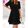 Women's V Neck Puff Short Sleeve Eyelet Loose High Waist British Casual Mini Dress