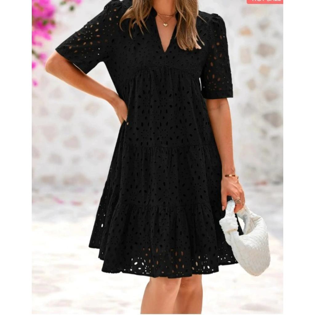 Women's V Neck Puff Short Sleeve Eyelet Loose High Waist British Casual Mini Dress