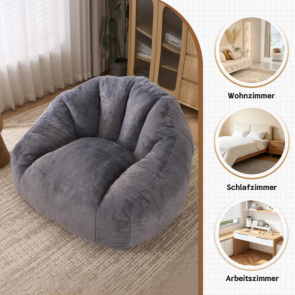 Sitzsack für Erwachsene, flauschiger Loungesessel aus Kunstfell, vakuumverpackt und montagefrei, für Wohnzimmer, Schlafzimmer, Balkon - Groß (Hellgrau)