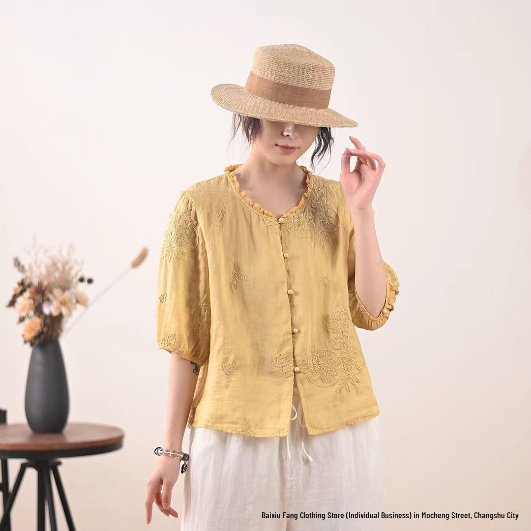 

2026 Ретро вышитый льняной женский летний кардиган - Китайский стиль, семь рукавов, круглый вырез One Size 90-145 jin