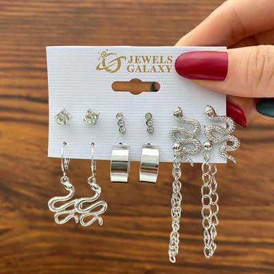 17KM 6 Pairs of Silver Letter C-shaped Earrings Set with Zircon Studded Earrings, Creative and Personalized Snake Shaped Chain Earrings  Accessories