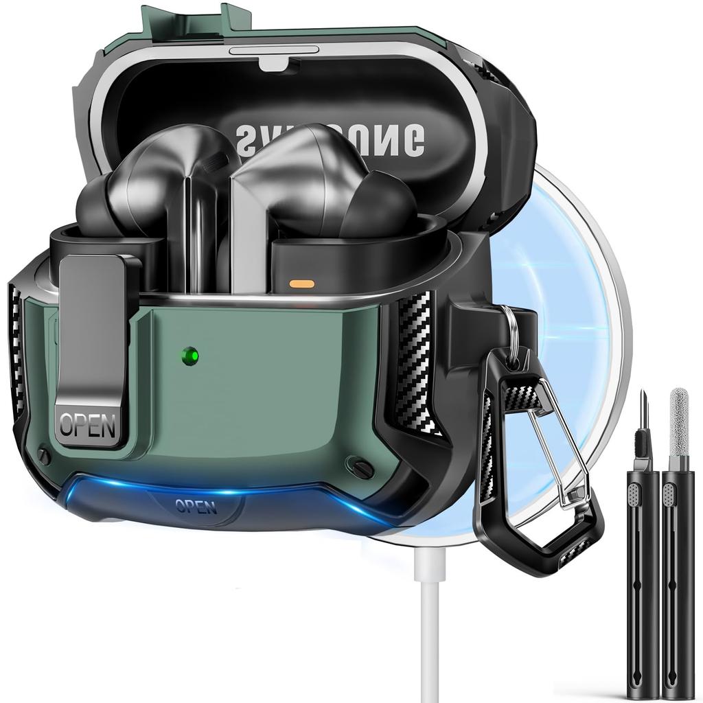 For Samsung Galaxy Buds 3 Pro/Buds 3 Case Cover with Secure Lock Clip Shockproof Protective Case with Carabiner & Cleaning kit