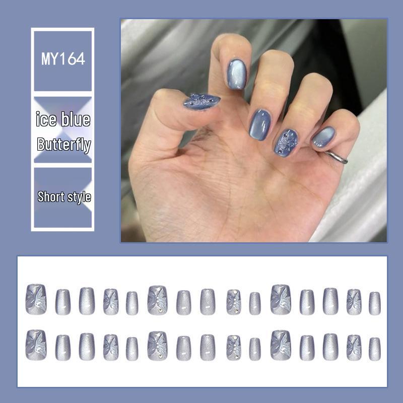 

3D Pearl Rhinestone Butterfly Nails: Ice Blue Cat Eye Design, 30 Pieces, Full Size False Nail Patches