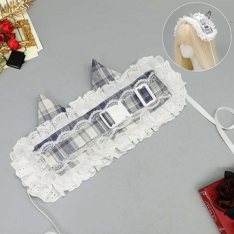 Handmade Lace Cat Ear Hairband Lolita Fashion Kawaii Pastel Grid Headwear Accessory