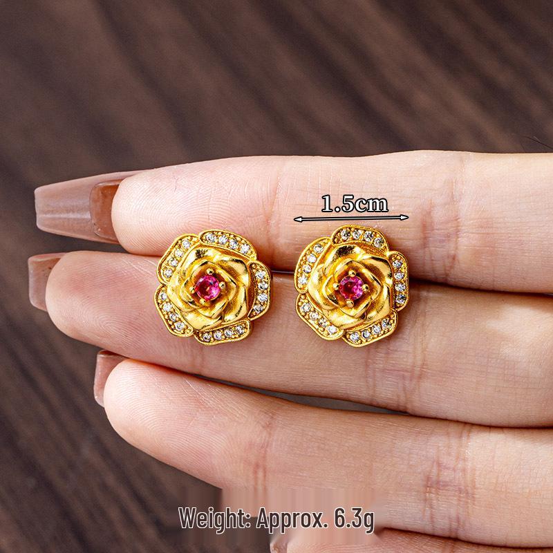 Vietnamesische Sandgold-Halskette und drehbarer Zirkon-Rosenring-Ohrring-Set