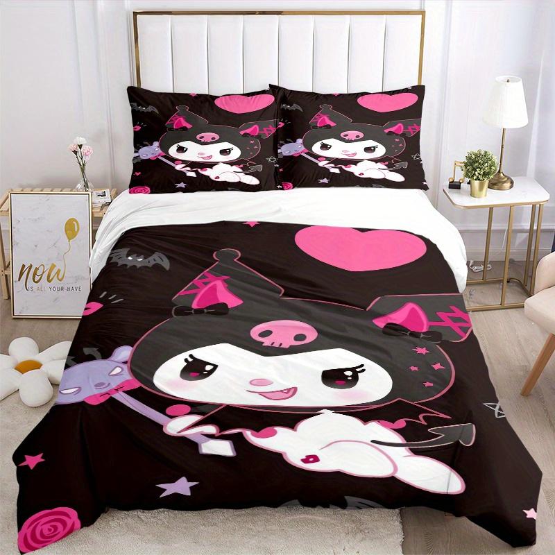 3pcs Cute Heart Kuromi Printed Quilt Set - Includes 1 Quilt Cover and 2 Pillowcases, Machine Washable - Suitable for All Seasons.S024