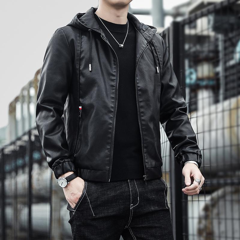 Hooded Leather Men's New Autumn and Winter Korean Version of Thin Velvet Leather Jacket Trend Casual Motorcycle Wear Cargo Coat