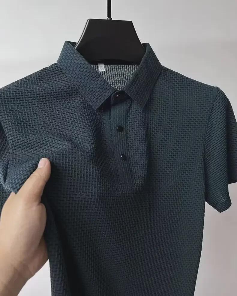 Men's Luxury Solid Color Jacquard Polo Shirt - Short-Sleeved, Light Business Casual, European Ice Silk.