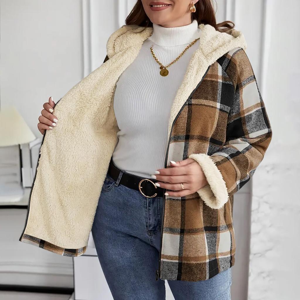 Ladies' Loose Comfortable Casual Fashionable Zipper Hooded Plaid Printed Jacket