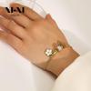 18K Gold Plated Stainless Steel Bracelet with Diamond Inlaid Hollow Leaf and Five-Petal Flower Pendant for Women