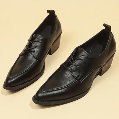 Fashion Women's Coarse Heel Shoes Spring New Pointy Front Lacing Splicing Leather Anti-slip Wear-resistant Low-top Shoes