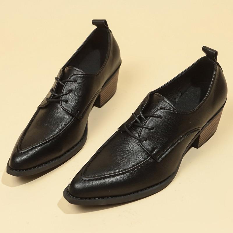 Fashion Women's Coarse Heel Shoes Spring New Pointy Front Lacing Splicing Leather Anti-slip Wear-resistant Low-top Shoes