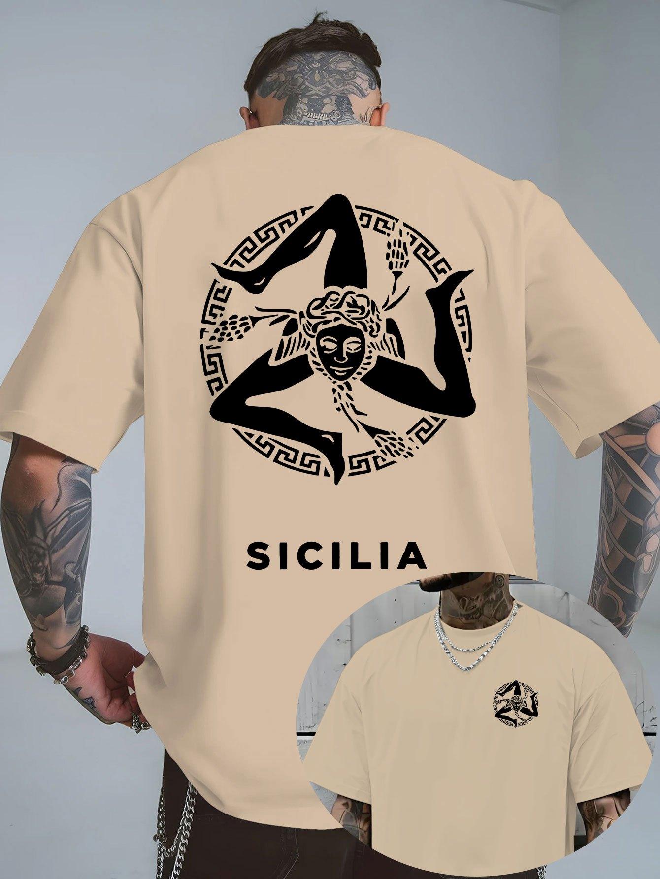 Vintage Sicilia Trinacria Symbol Grafik-T-Shirt für Herren Atmungsaktive Baumwolle Perfekte Sommer-Streetwear und Italienischer Kultur-Vibe L beige
