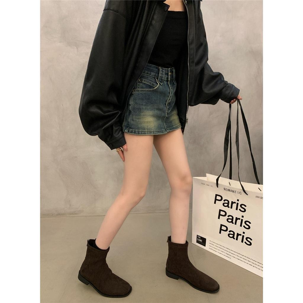Retro suede French small ankle boots women's new autumn and winter low heel black thin short Martin boots
