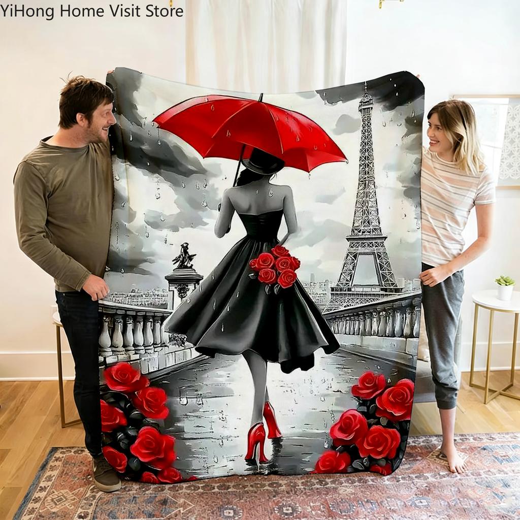 Woman Portrait Flower Tower Printed Blanket Picnic Blankets Warm Blanket Soft and Comfortable Blanket Home Travel Birthday Gift