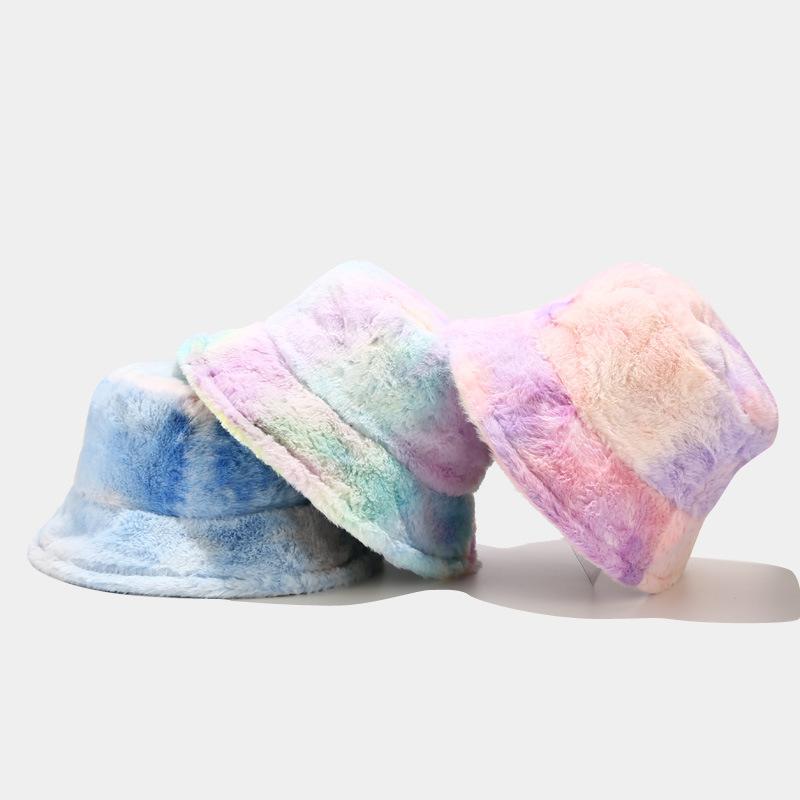 New Cute Girl Rainbow Plush Fisherman Hat Children Winter Small Fresh Warm Basin Hat Tide