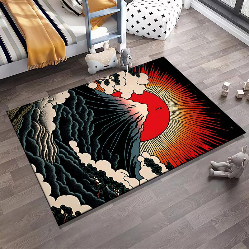 Retro Japanese Style Carpet with Mount Fuji and Rising Sun Design Suitable for use as an anti-slip for living room bedroom sofas