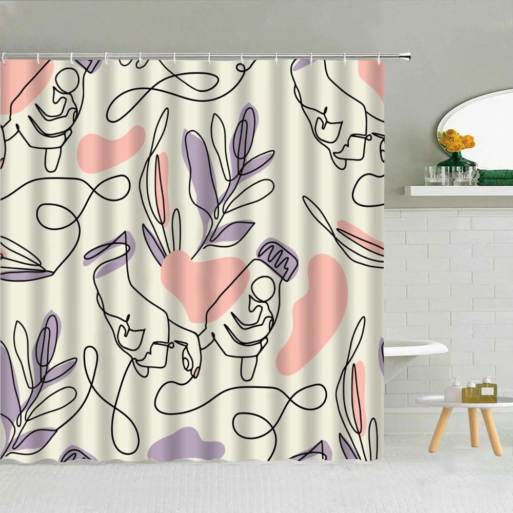 Line Art Shower Curtain for Bathroom Accessories Folding Partition Curtains Bath Bedrooms Houses Rooms Quarto Waterproof FaXT6
