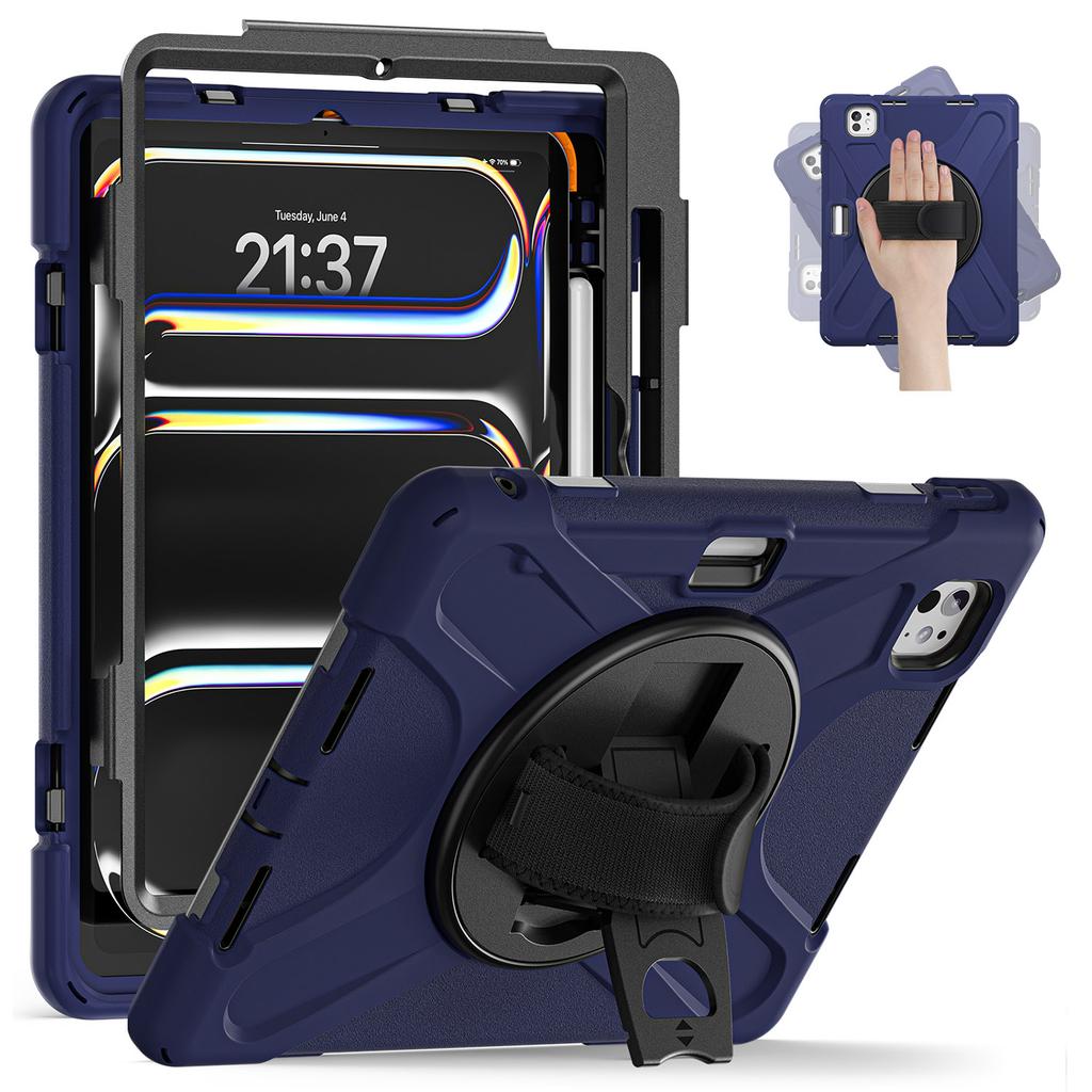 For iPad Pro 11 (2025)/11 (2024) Case Rotary Kickstand PC+Silicone Hand Strap Tablet Cover