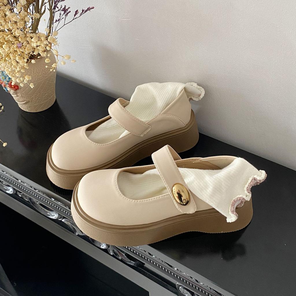 Round Head Mary Jane Small Leather Shoes Women's 2025 Spring New Thick-soled Thick-heeled Retro Single Shoes