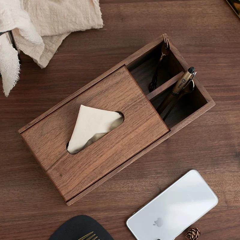 Black Walnut Multifunctional Tissue Box, Living Room Solid Wood Desktop Storage Supplies, Remote Control Storage Tissue Holder