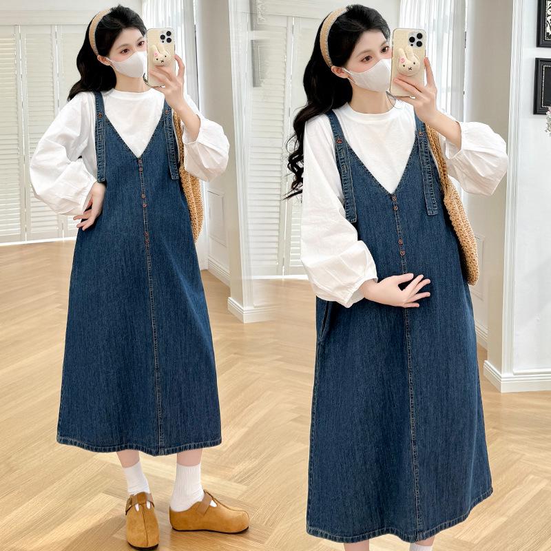 2026 New Maternity Denim Dress: Spring/Summer Style with Buttons & Drawstring XL [65-70 kg]