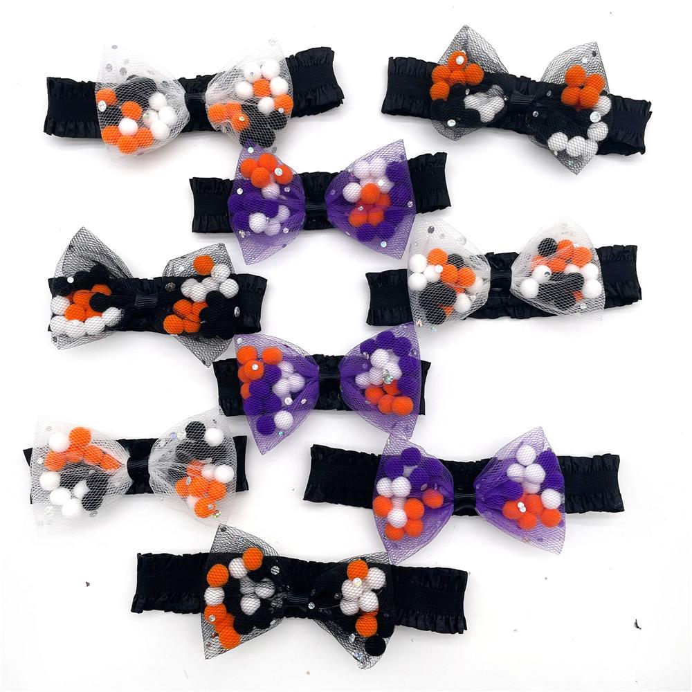 50Pcs Halloween Cat Dog Accessories for Small Dogs Elastic Band Bow Tie Necktie Plush Ball Bowtie with Pumpkin Skull Accessories
