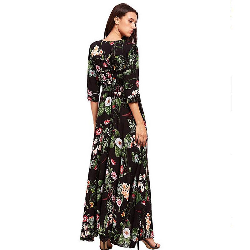 Robe longue ample à col en V et motif ethnique vintage bohème pour femme