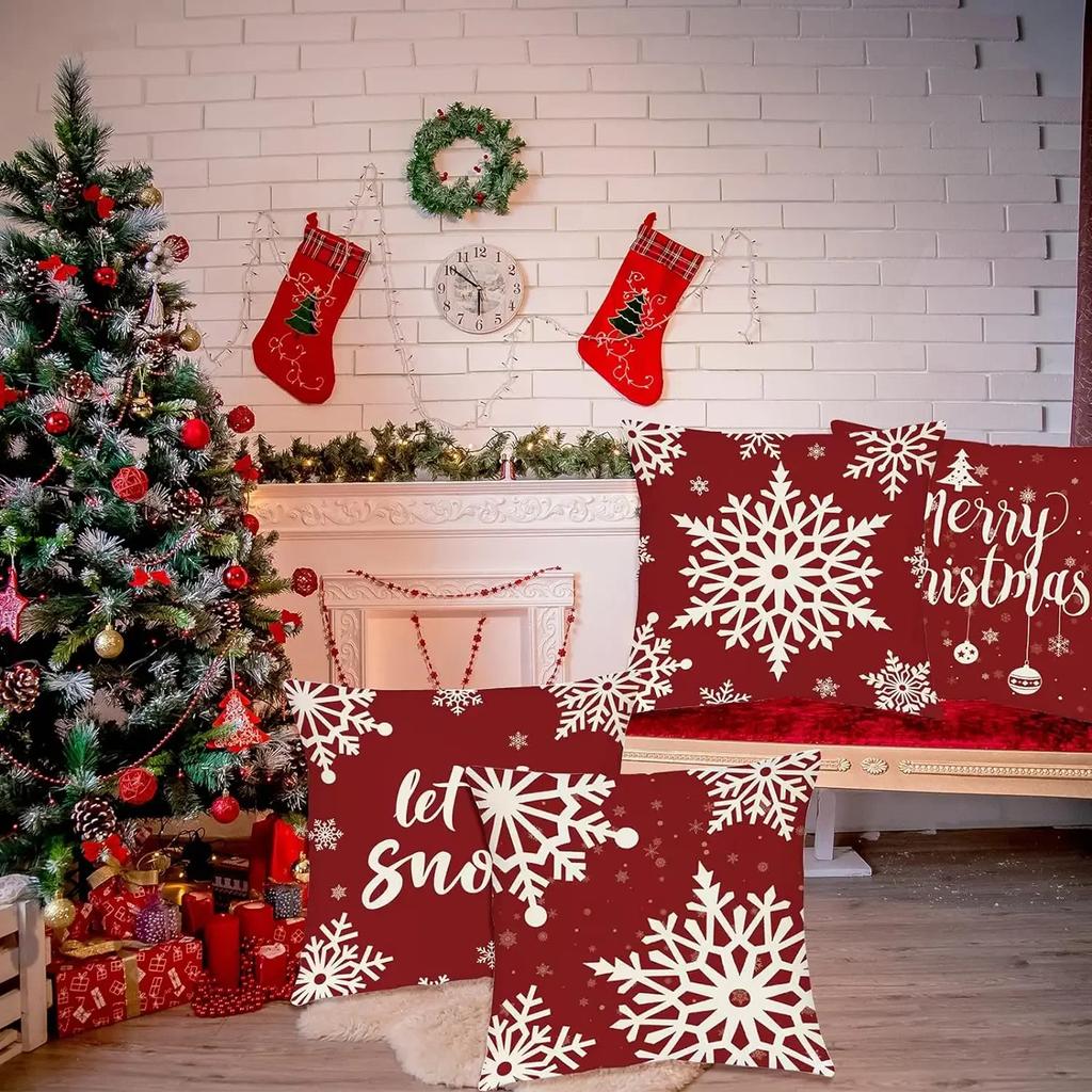 Christmas Decorations Pillow Covers 18×18 Inch Set of 4 Holiday Rustic Linen Pillow Cases for Sofa Couch Decor Cushion Covers