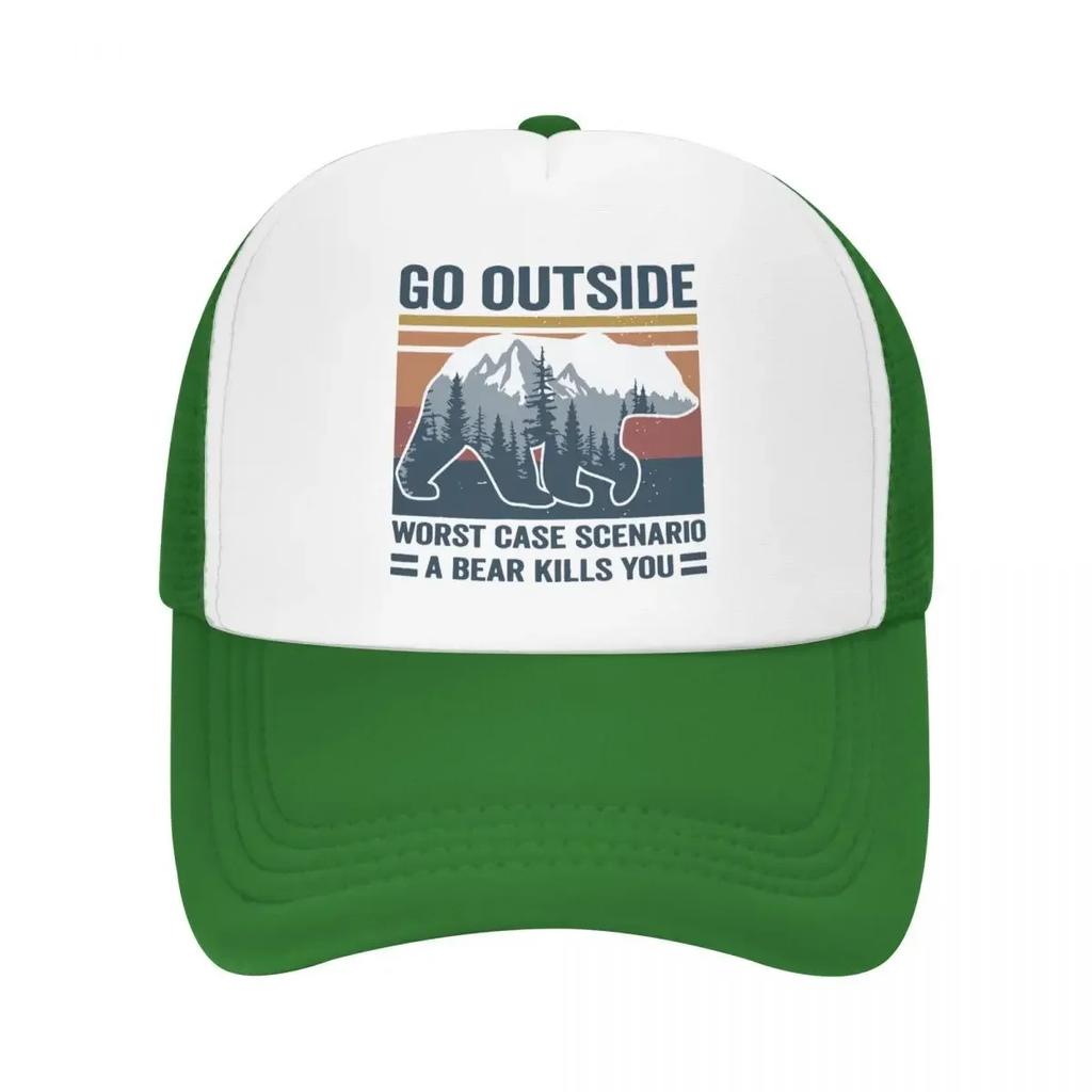 Custom Go Outside Worst Case Scenario A Bear Kills You Trucker Hat Adult Adjustable Baseball Cap Unisex Women Sports Dad Hat