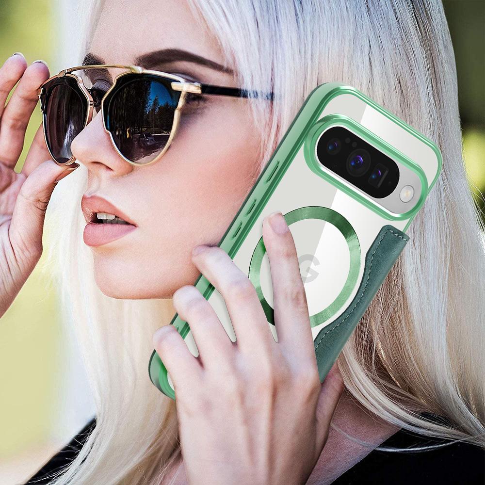 Google Pixel 8 9 10 serisi için. Gold Shield Manyetik İş Deri Kılıf-MagSafe Uyumlu, RFID Engelleme Kart Yuvaları ve Lens Koruması ile