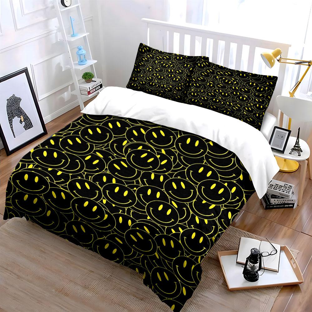 Juego de Ropa de Cama Negro con Cara Sonriente Juego de Funda Nórdica para Cama Funda Nórdica Fundas de Almohada (1 * Funda de edredón 2 * Fundas de almohada, sin relleno de edredón)