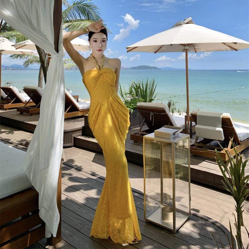 Niche Neck Lace Dress, Waist Shows Long Figure, Celebrity Sexy Dress, Fishtail Dress