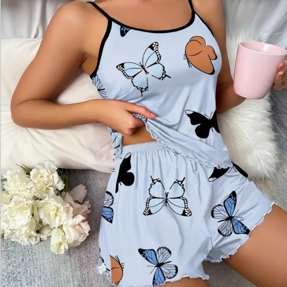 Women's European & American Butterfly Print Pajama Set - Comfy Summer Camisole & Shorts