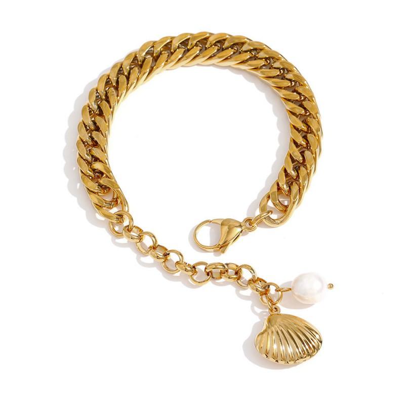 Stainless Steel Cuban Link Bracelet With Freshwater Pearl Shell Pendant 18K Gold Plated Fashion Womens Jewelry Gold