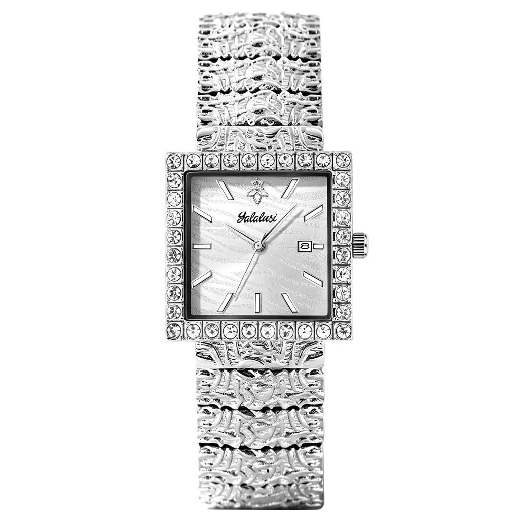 YaLaLuSi Bling Crystal Square Women Watch Gold Embossed Bracelet Date Dial Quartz Wrist Watch Luxury Gift Watch