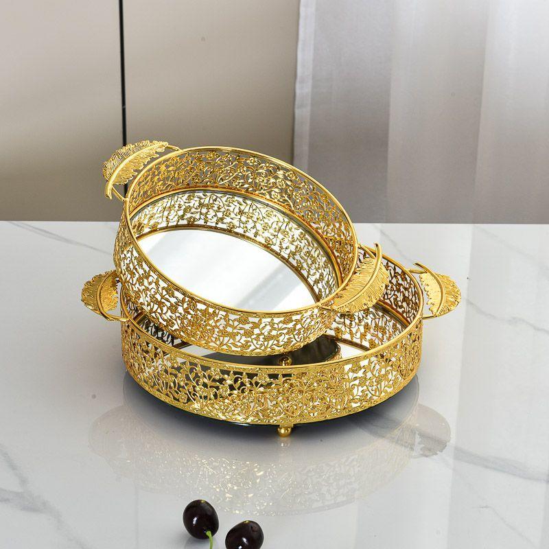 European Style Gold Metal Mirror Tray Home Multi-functional Storage Decoration Fruit Plate Glass Mirror Tray Home Decoration New