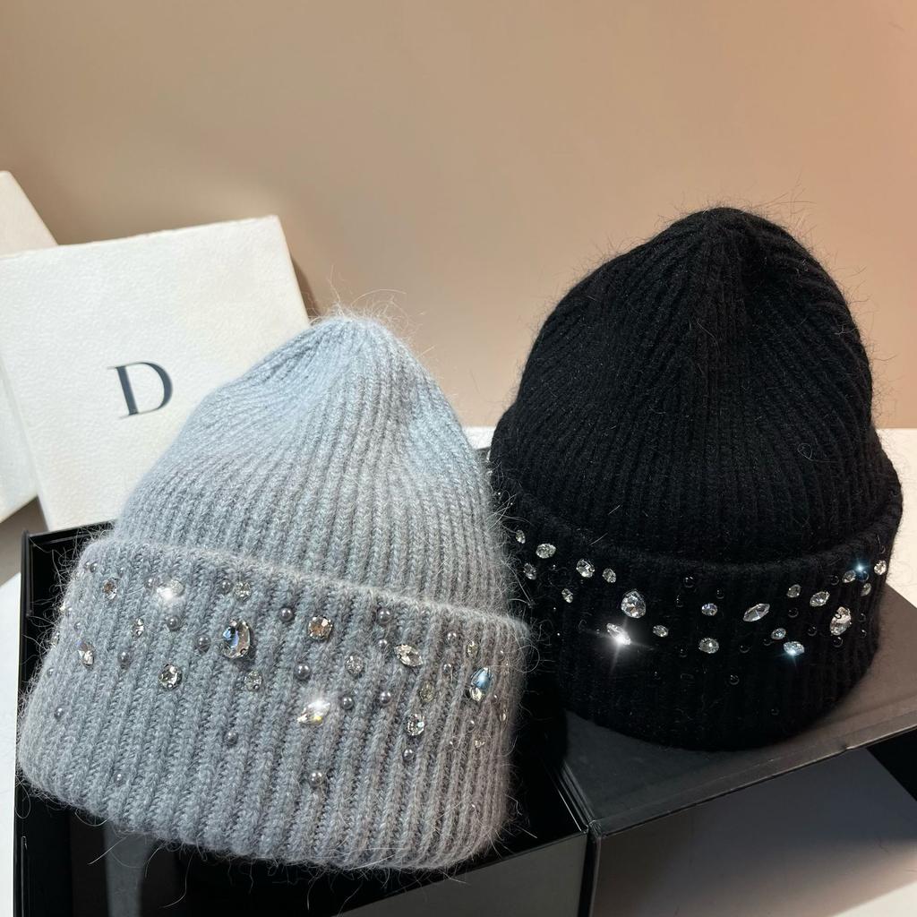 Real Rabbit Fur Diamonds Luxury Hats For Women Winter Warm Knitted Hat Ear Pretection Outdoor Skullies Beanies Skiing Cap