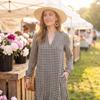 Women's Plaid V-Neck Long Sleeve Loose Fit Cotton Linen Dress for Casual Everyday Wear