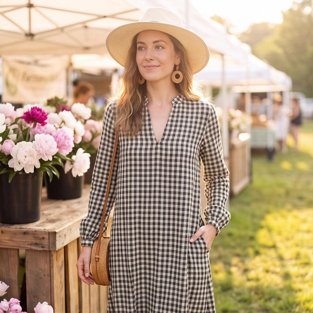 Women's Plaid V-Neck Long Sleeve Loose Fit Cotton Linen Dress for Casual Everyday Wear