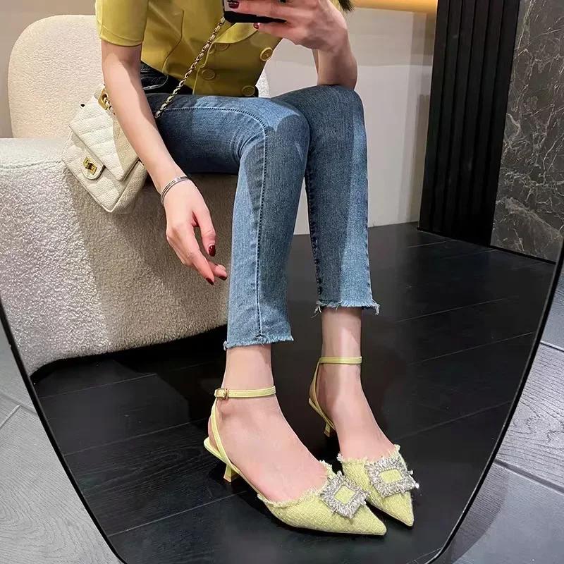 Summer Rhinestones sandalias mujer verano 2024 Fashion Pointed Toe Shallow Slip on Ladies Elegant Slingback Shoes Casual Heels
