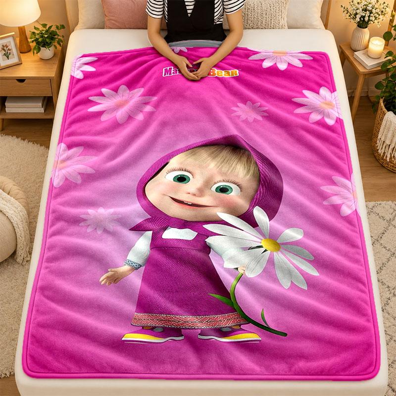 Flannel BlanketMasha and the Bear Warm Soft Throw Blanket for Indoor Sofa Bed Living Room Use