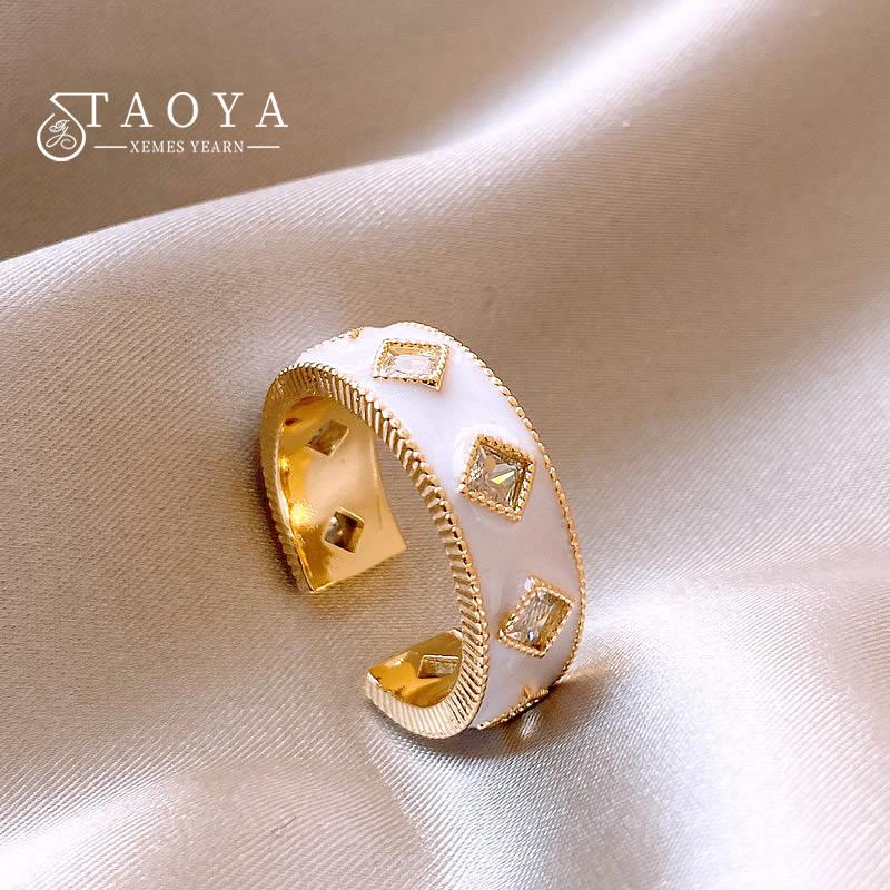 

2026 New Elegant White Enamel Set Zircon Gold Color Open Ring for Women s Fashion Jewelry Wedding Party Luxury Accessories resizable&Gold-color білий