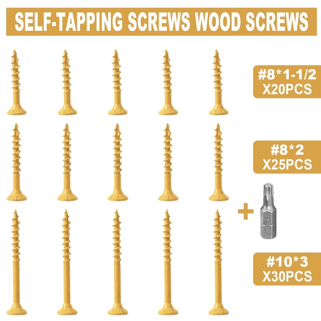 75PCs Yellow Screws, Fully Machined Finished Male Threads, Countersunk Smooth Shank, T-25 Star Drive, 6-Point Tight Bite