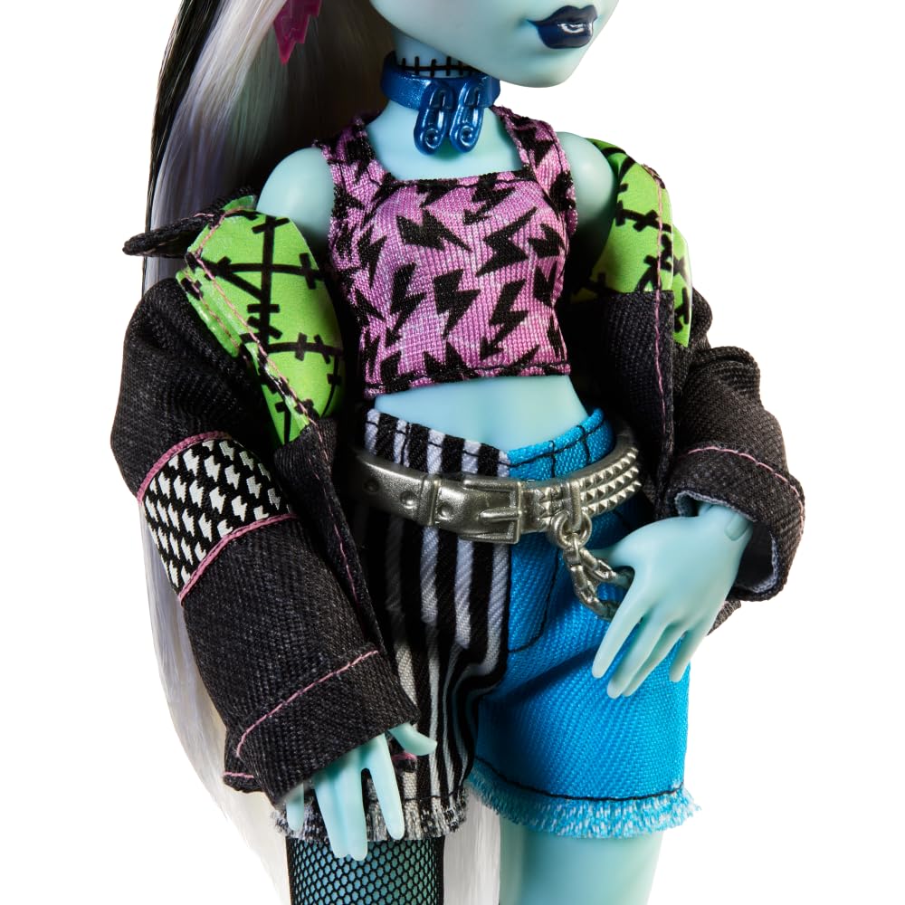 Monster High Frankie Jockey Doll In Denim Jacket and Includes Pet Dog Wattie and Accessories Including and Notebook Shorts, Backpack, Snacks,