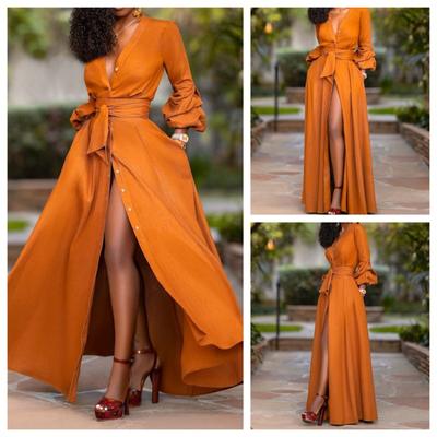 Autumn&Winter Hot Sale Fashion Women Dress Solid Sexy Deep V-neck Draw Back Lace-up Dresses Women Casual Long Dress